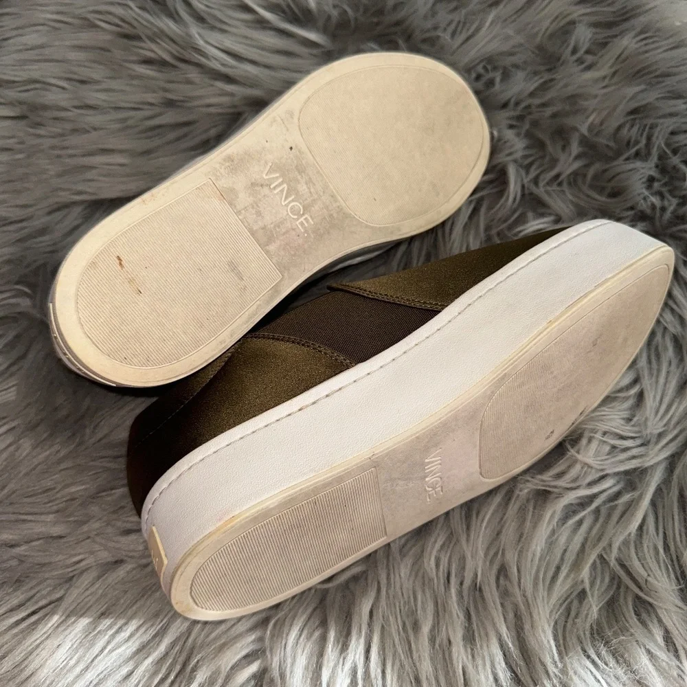 Vince Warren Italian Satin Platform Slip On Sneakers Antique Olive Size 7 - Picture 10 of 10